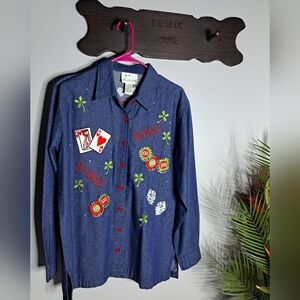 The Quacker Factory Long Sleeve Denim Shirt SzM Embroidered BINGO Lucky